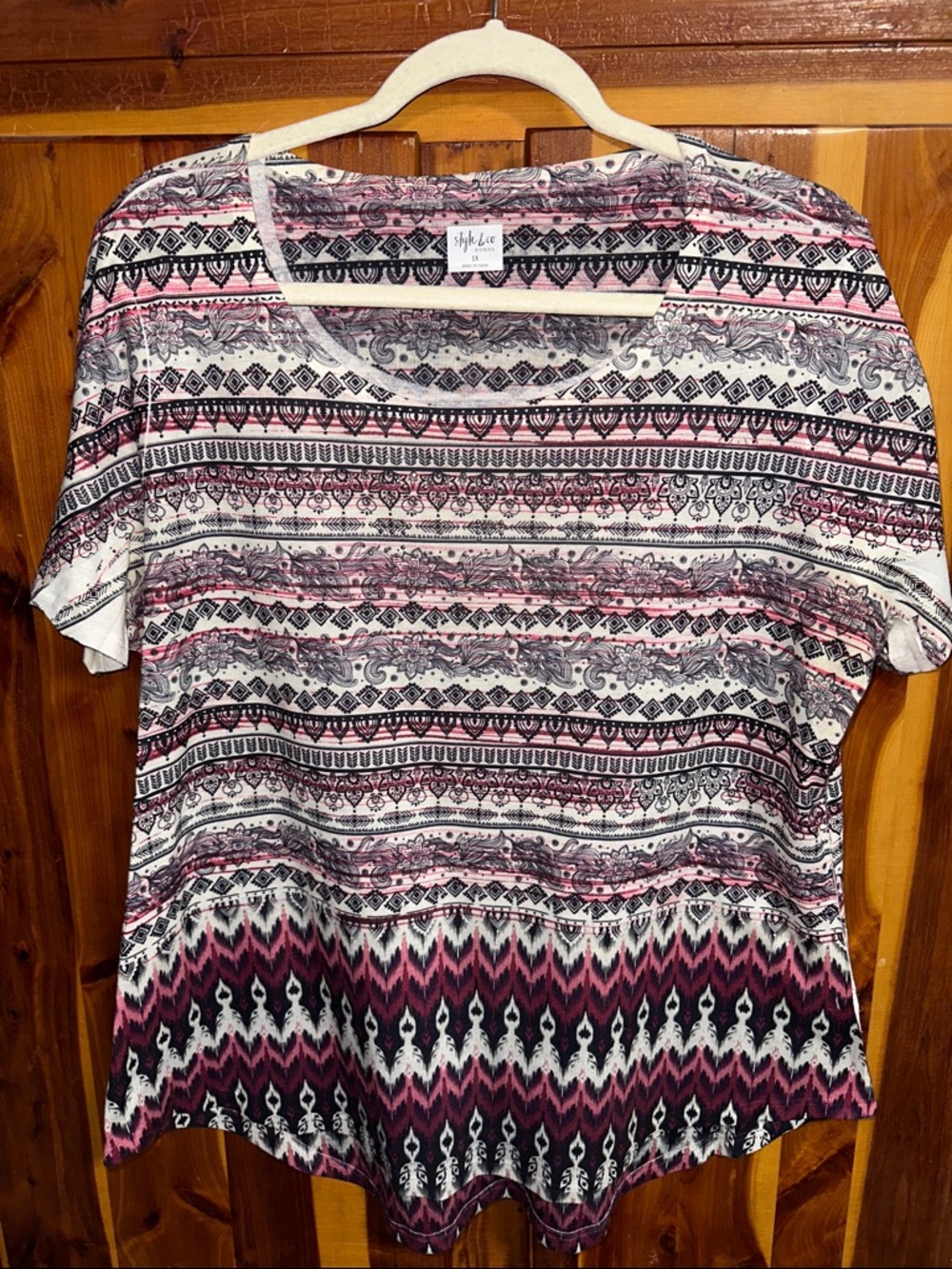 Style & Co. Pink, Black & White Tribal Stripe Short Sleeve Top